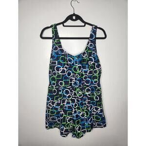 Blair Swimsuit Romper Womens Plus Size 18W Blue Green Geometric One Piece